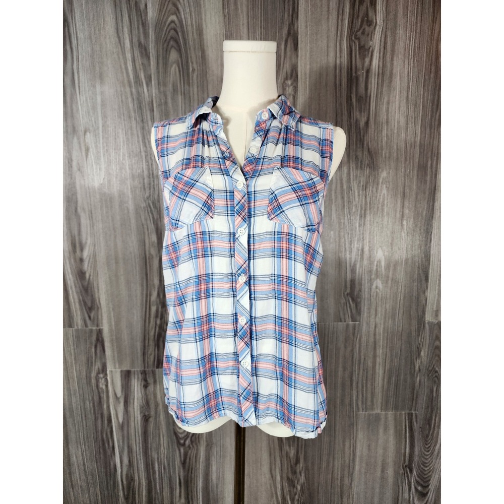 Girl‎ Krazy Womens Small Blue Pink Plaid Sleeveless Button Down Shirt High Low